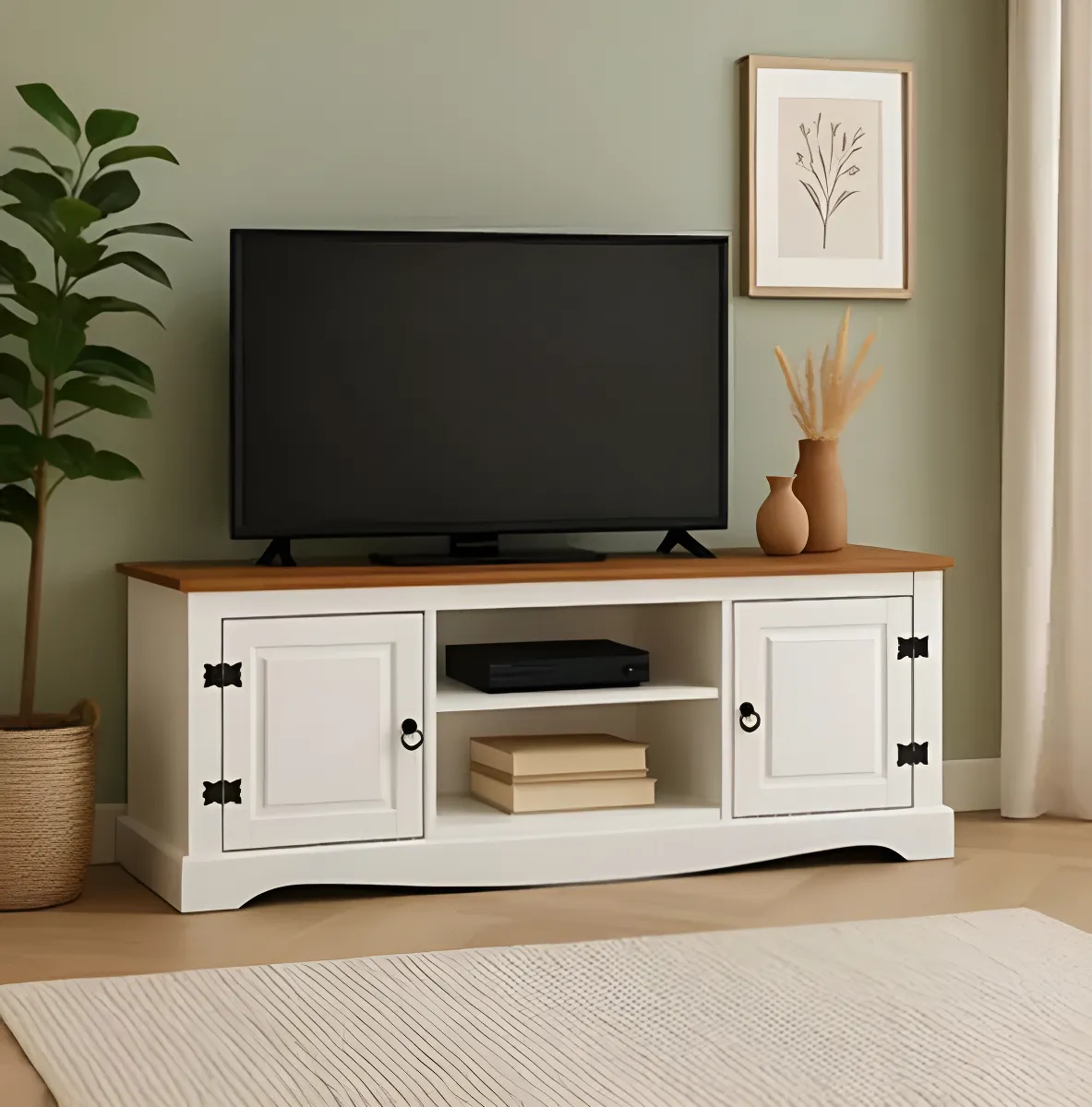 RACK PARA TV O AUDIO- MADERA MACIZA- 2 PUERTAS - LÍNEA MEXICANA BLANCA